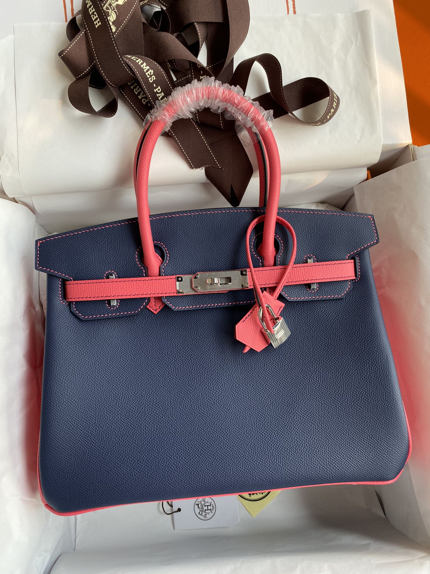 Hermes Birkin 35CM Epsom Leather Handbag Dark Blue Pink